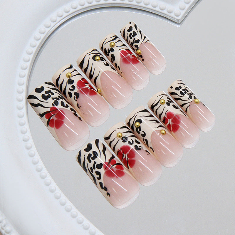 Wild Safari Glamorous Long Square Pink Leopard Print Press On Nail Set with Floral Accents and Gold Studs