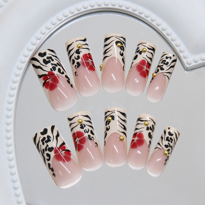 Wildflower Safari Elegant Long Square Glossy Beige and Black Animal Print with Red Floral Accents and Gold Studs Press On Nail Set