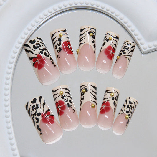 Wildflower Safari Elegant Long Square Glossy Beige and Black Animal Print with Red Floral Accents and Gold Studs Press On Nail Set