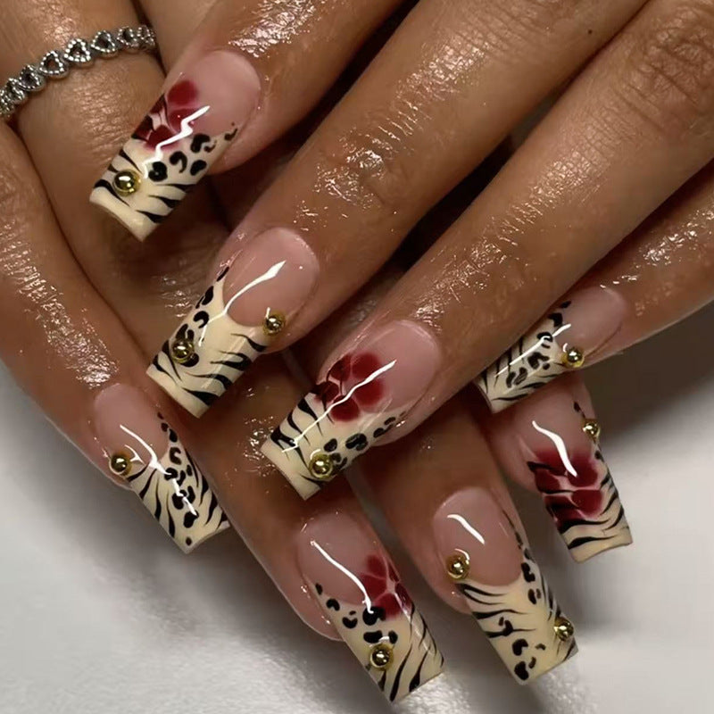 Wild Safari Glamour Long Square Beige with Tiger Print and Golden Accents Press On Nail Set