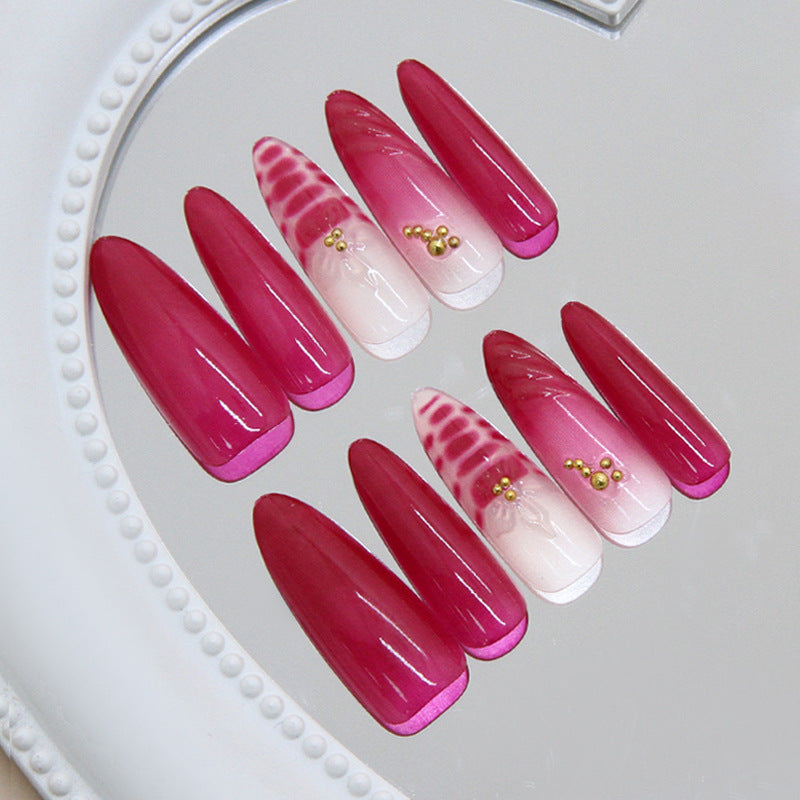 Fantasy Blossom Elegant Long Almond Pink Gradient Press On Nail Set with Unique Golden Embellishments