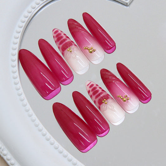 Fantasy Blossom Elegant Long Almond Pink Gradient Press On Nail Set with Unique Golden Embellishments