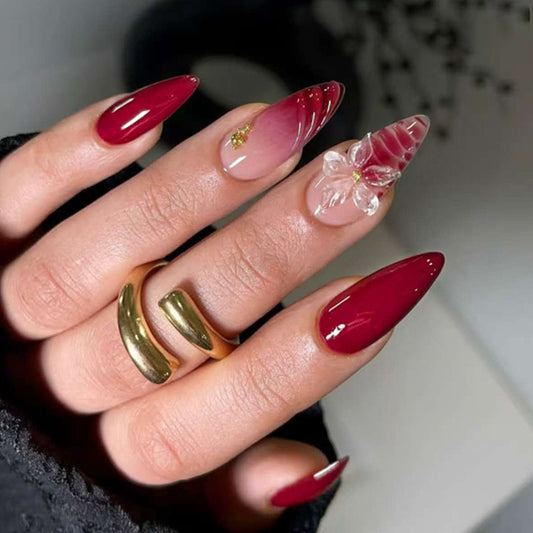 Glamorous Velvet Magic Long Almond Red Ombre Set with Floral Accent