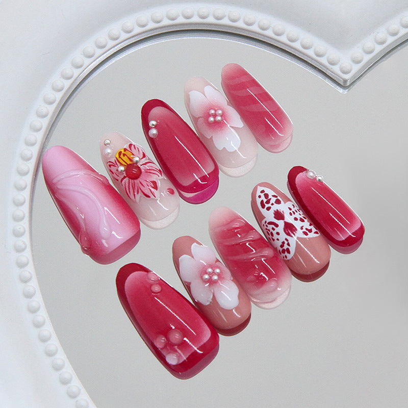 Blossom Elegance Long Almond Pink Gradient Press On Nail Set with Floral Artistry and Pearl Accents