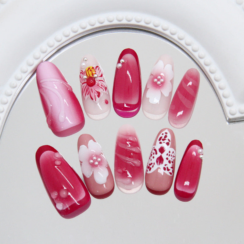 Blossoming Elegance Long Almond Pink Ombre Design with Floral Accents Press-On Nail Set