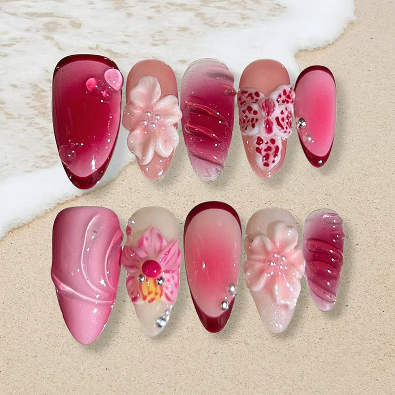 Tropical Blossom Long Almond Pink Gradient Press On Nail Set with Floral Embellishments