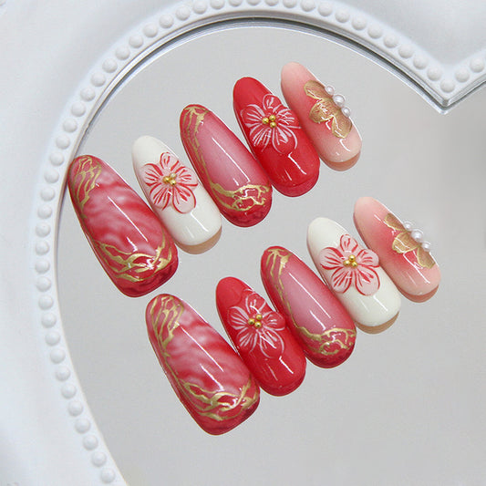Blooming Elegance Long Almond Red and Pink Press-On Nail Set with Floral and Gold Accents