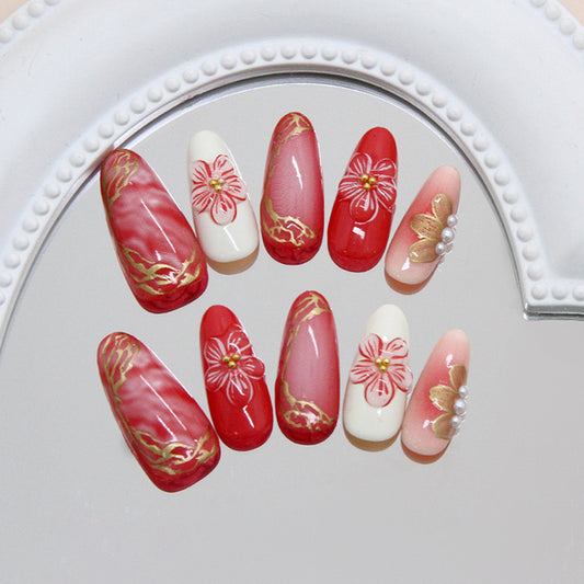 Elegant Floral Harmony Long Almond Red and White Press On Nail Set with Gold Detailing and Pearl Accents