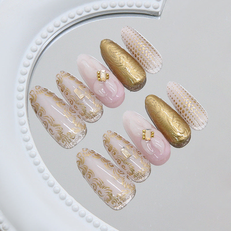 Glamorous Elegance Long Almond Pink and Gold Press-On Nail Set with Intricate Design Accents