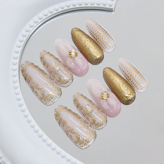 Glamorous Elegance Long Almond Pink and Gold Press-On Nail Set with Intricate Design Accents