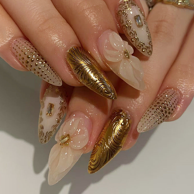 Gilded Elegance Long Almond White with Gold Accents and Floral Design Press on Nail Set