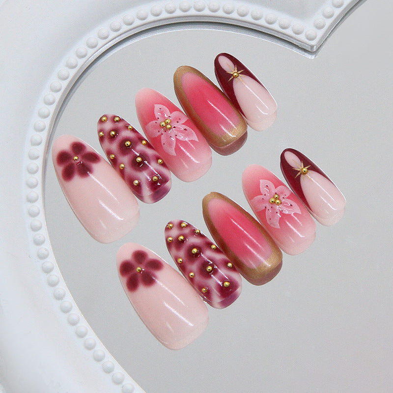 Blossom Romance Elegant Long Almond Pink Gradient Press On Nail Set with Floral Accents and Gold Studs