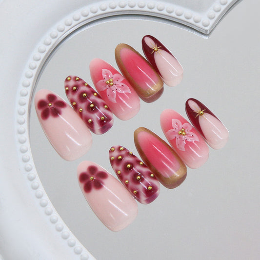 Blossom Romance Elegant Long Almond Pink Gradient Press On Nail Set with Floral Accents and Gold Studs
