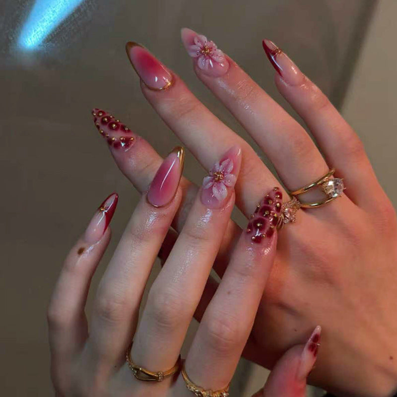 Blossoming Elegance Long Almond Pink with Floral Embellishments Press on Nail Set