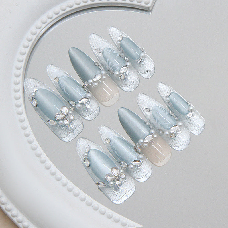 Elegant Ice Queen Press On Nail Set Long Stiletto Shape Soft Blue Color Glitter Finish with Crystal Accents
