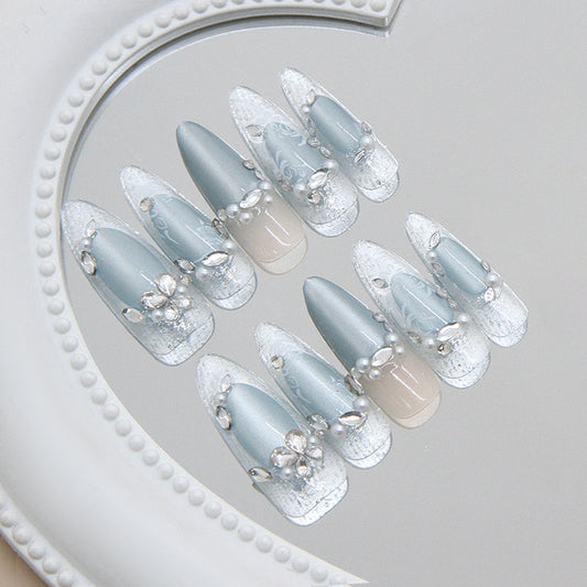 Elegant Ice Queen Press On Nail Set Long Stiletto Shape Soft Blue Color Glitter Finish with Crystal Accents