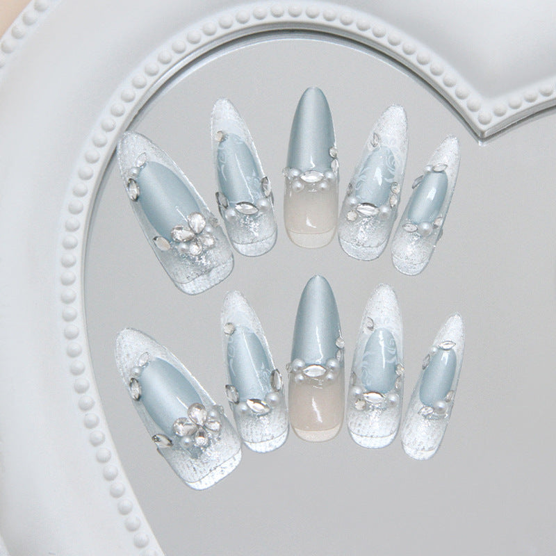 Elegant Garden Dream Stiletto Long Teal and White Ombre Nails with Sparkling Floral Accents