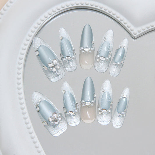 Elegant Garden Dream Stiletto Long Teal and White Ombre Nails with Sparkling Floral Accents