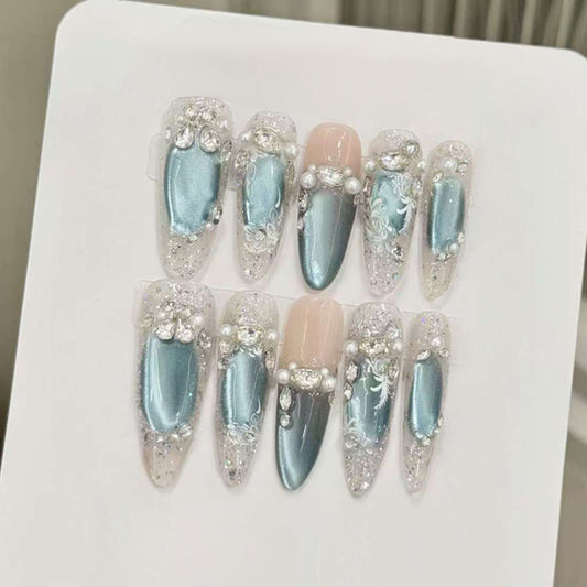 Ocean Dream Long Stiletto Blue and Clear Press-On Nail Set with Iridescent Gems and Floral Accents