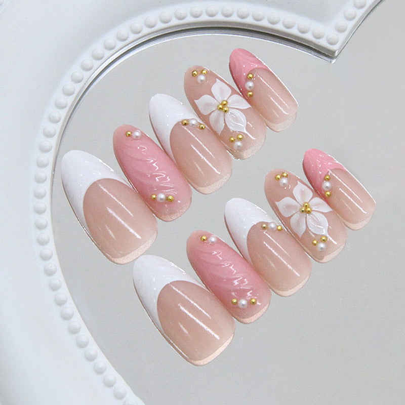 Blossom Elegance Long Almond Pink and Neutral Press On Nail Set with Pearl and Flower Accents