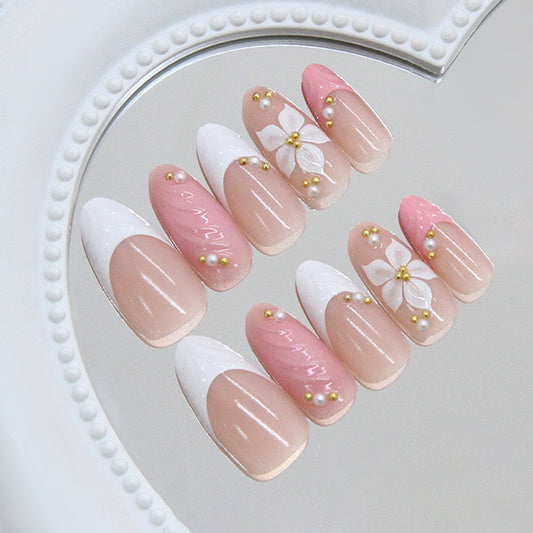 Blossom Elegance Long Almond Pink and Neutral Press On Nail Set with Pearl and Flower Accents