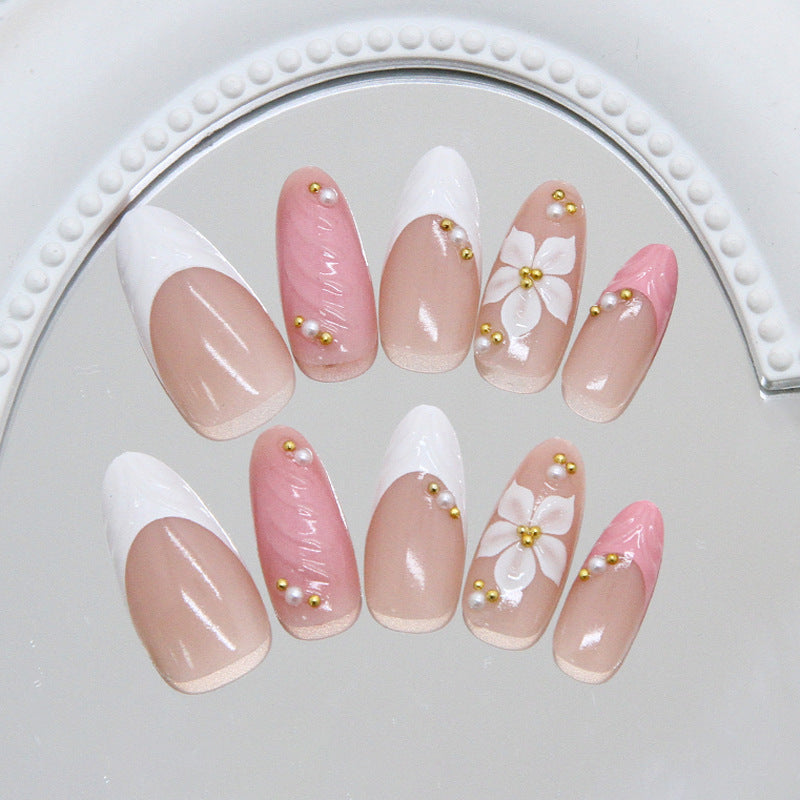 Charming Floral Dream Long Almond Pink and White Press On Nail Set with Pearl Accents