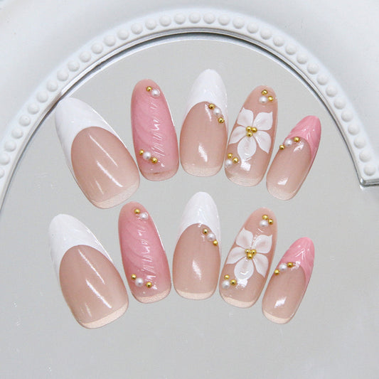 Charming Floral Dream Long Almond Pink and White Press On Nail Set with Pearl Accents