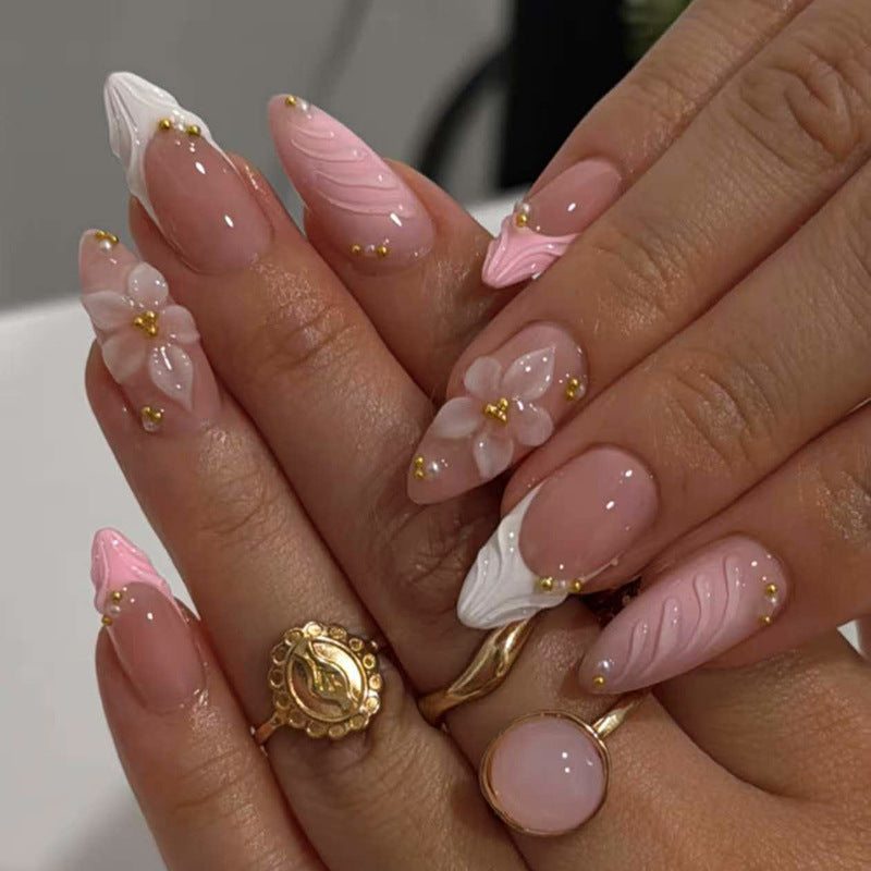 Blossom Fairy Dreamy Long Almond Pink and White Floral Design with Gold Accents Press on Nail Set