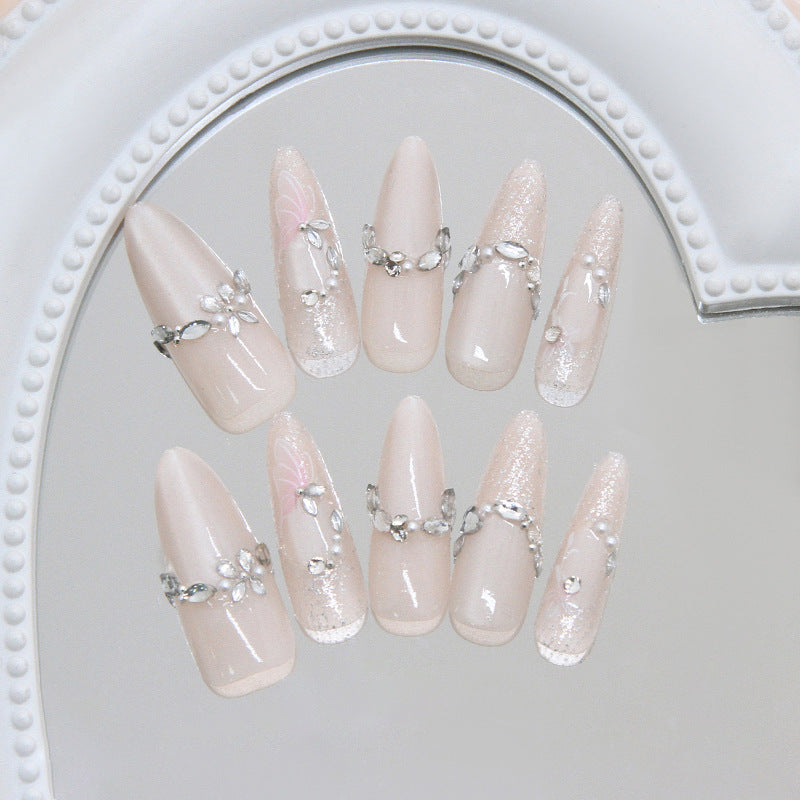 Elegant Garden Dream Long Almond Beige Press On Nail Set with Sparkling Floral Accents