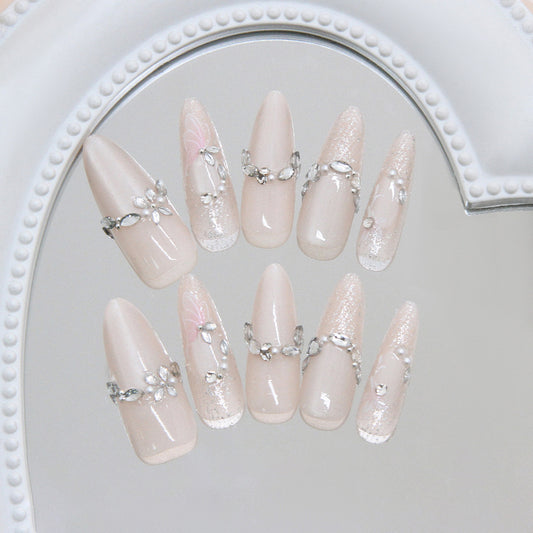 Elegant Garden Dream Long Almond Beige Press On Nail Set with Sparkling Floral Accents