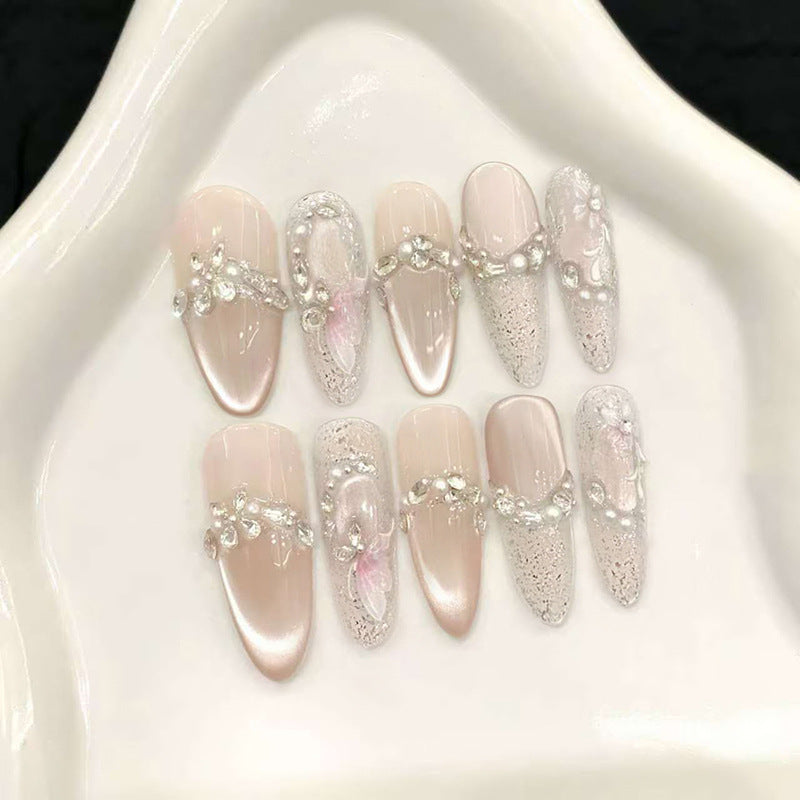 Dreamy Elegance Long Stiletto Pink Ombre with Gemstone Accents Press on Nail Set