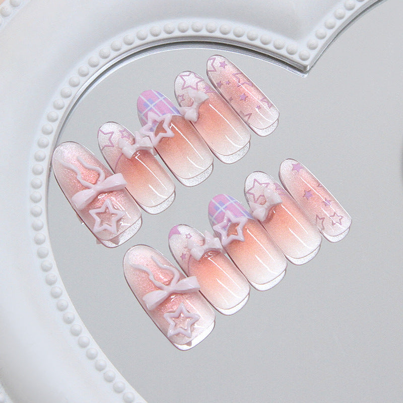 Dreamy Pastel Long Almond Shaped Pink Ombre with Star and Bow Accents Press On Nail Set