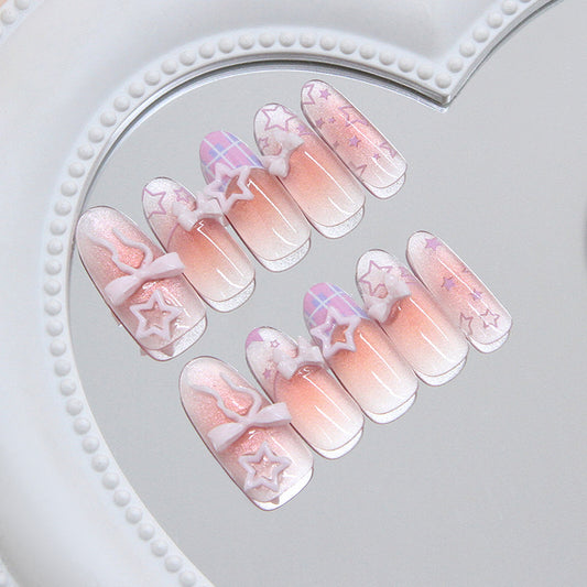 Dreamy Pastel Long Almond Shaped Pink Ombre with Star and Bow Accents Press On Nail Set