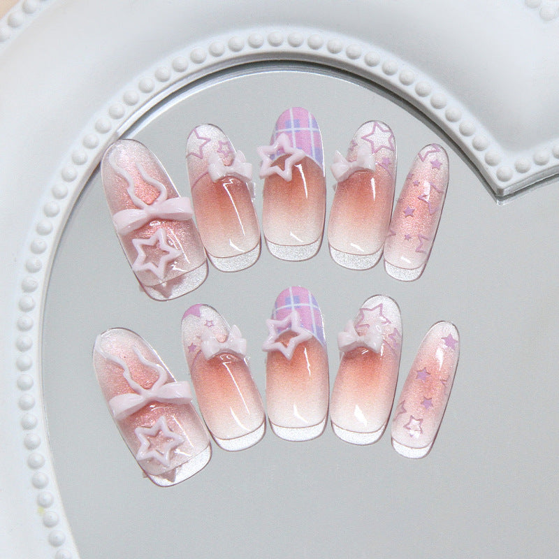 Celestial Fantasy Long Oval Pink Ombre with Charming Star and Bow Accents Nail Set