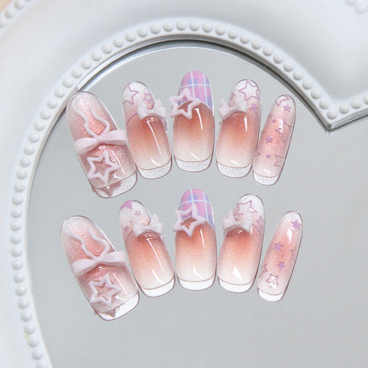 Celestial Fantasy Long Oval Pink Ombre with Charming Star and Bow Accents Nail Set