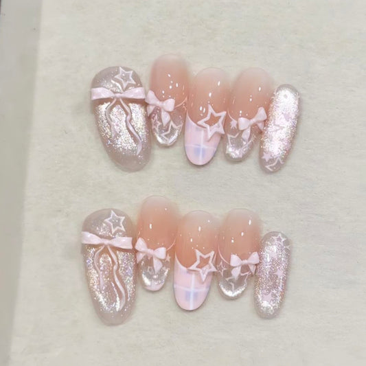 Dreamy Ballet Pink Long Oval Glitter Press On Nail Set with Charming Bow and Star Accents