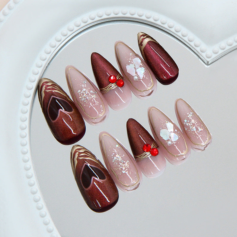 Enchanted Elegance Long Almond Burgundy and Blush Gradient with Heart Details Press-On Nail Set