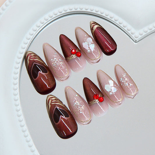 Enchanted Elegance Long Almond Burgundy and Blush Gradient with Heart Details Press-On Nail Set