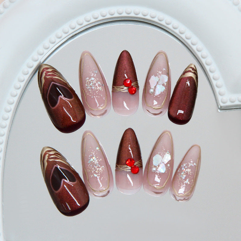 Romantic Charm Long Stiletto Burgundy and Pink Gradient with Heart Design and Glitter Nail Set