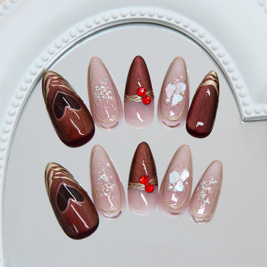 Romantic Charm Long Stiletto Burgundy and Pink Gradient with Heart Design and Glitter Nail Set