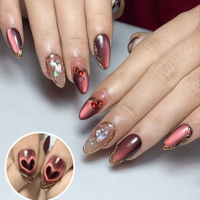Romantic Elegance Long Almond Shaped Deep Red Gradient with Heart Design and Glitter Accents Press on Nail Set