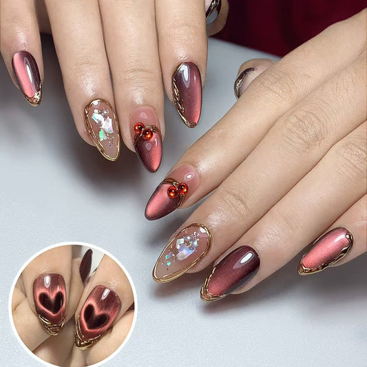 Romantic Elegance Long Almond Shaped Deep Red Gradient with Heart Design and Glitter Accents Press on Nail Set