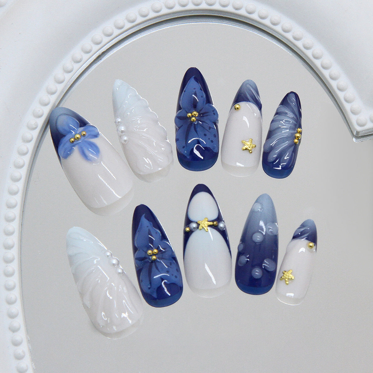 Enchanting Ocean Dream Long Almond Blue and White Floral Design with Golden Accents Press on Nail Set