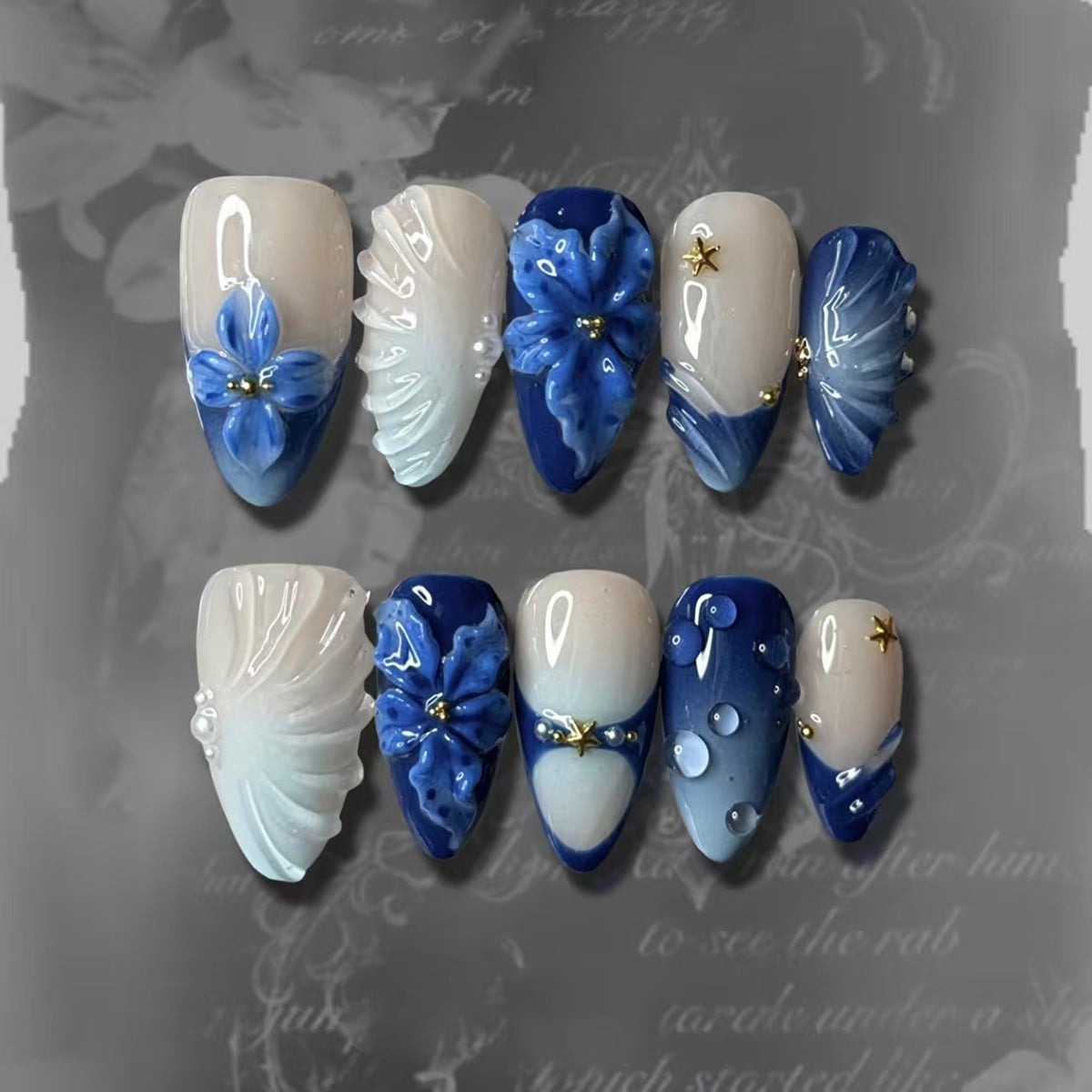 Oceanic Elegance Long Almond Blue and White Nail Set with Floral and Pearl Accents