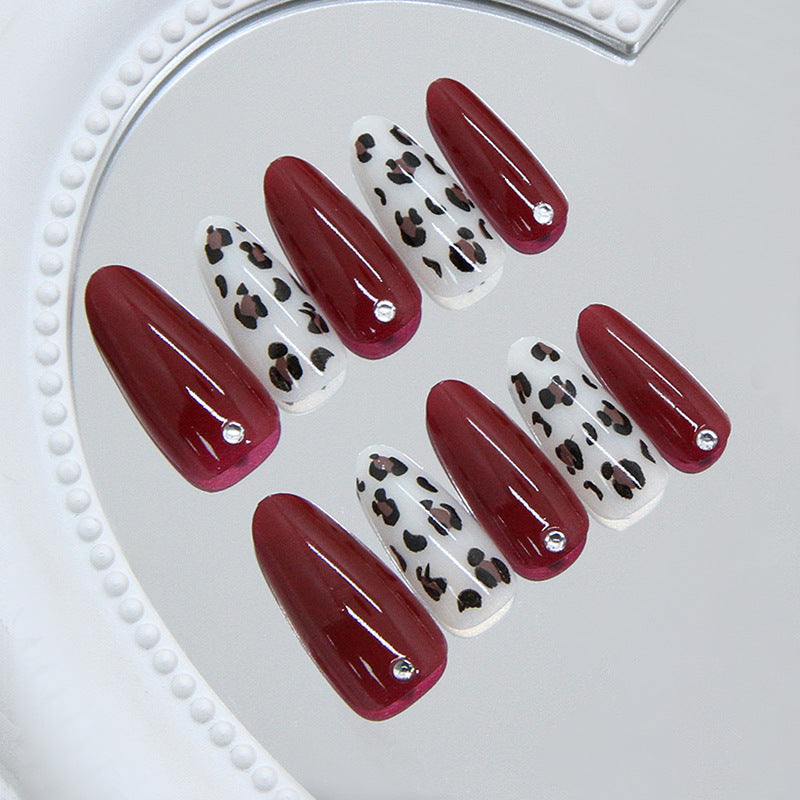 Wild Glamour Long Almond Burgundy and White Leopard Print Press On Nail Set with Sparkling Accent Gems