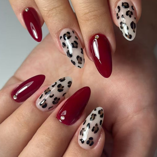 Wild Elegance Long Almond Burgundy and Clear Leopard Print with Sparkling Accent Press-On Nail Set