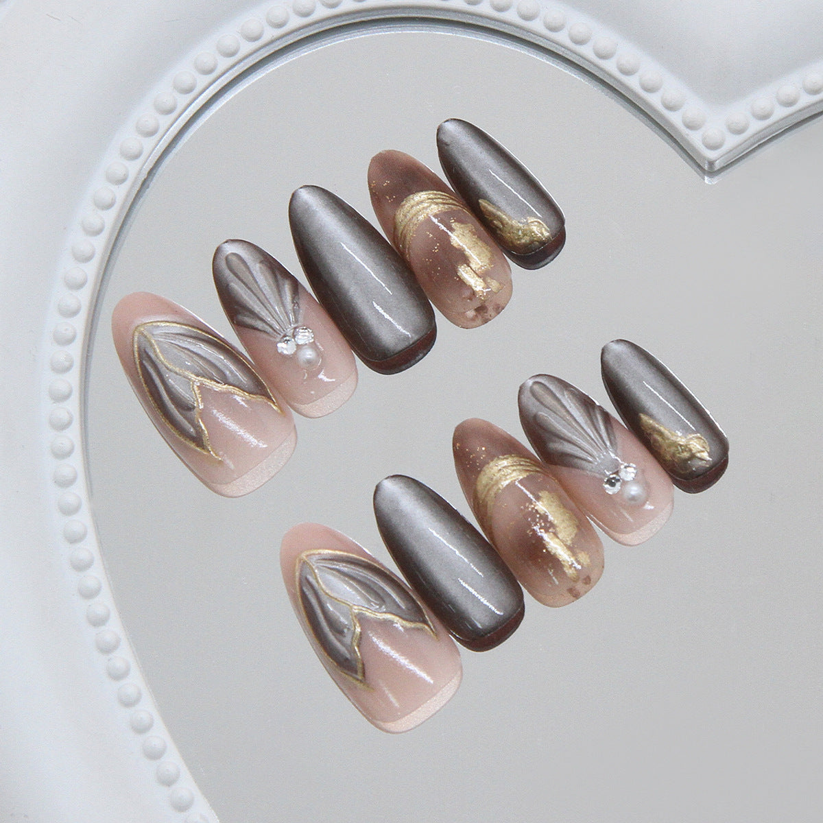 Elegant Enchantment Long Almond Shape Neutral and Gray with Stunning Gold Accents Press On Nail Set