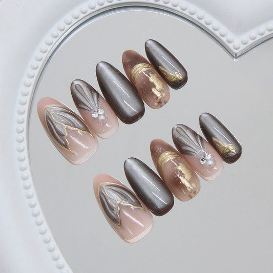 Elegant Enchantment Long Almond Shape Neutral and Gray with Stunning Gold Accents Press On Nail Set