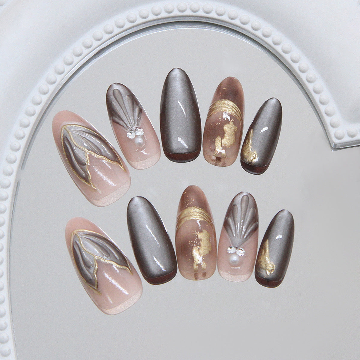 Elegant Opulence Long Almond Brown and Beige Press On Nail Set with Metallic Accents and Unique Artistry