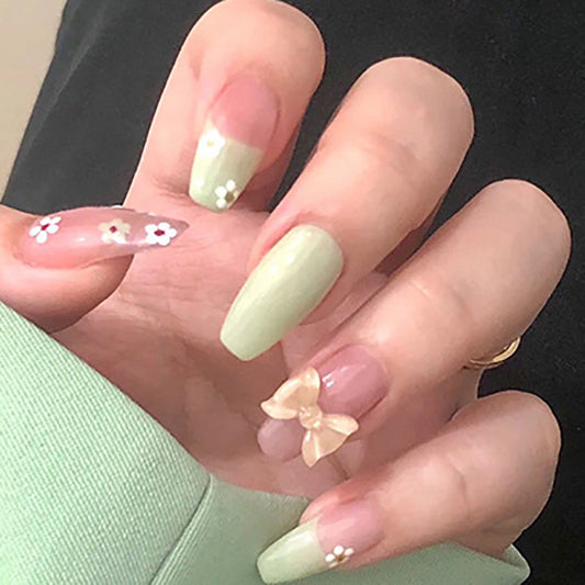 Spring Blossom Medium Coffin Pastel Green Press On Nail Set with Floral Accents